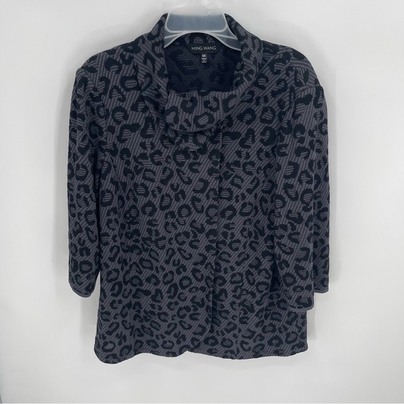 Ming Wang Women Animal Leopard Print Cardigan Jacket Size 0X Blue Black Collar - Picture 10 of 10